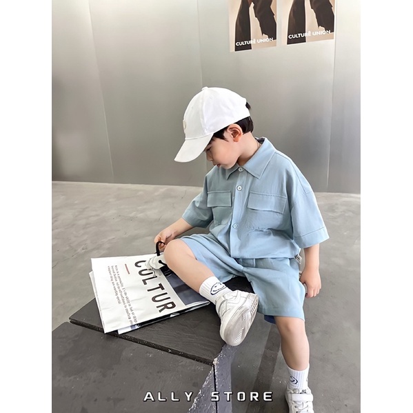 Bộ sơmi đũi xanh bé trai K410