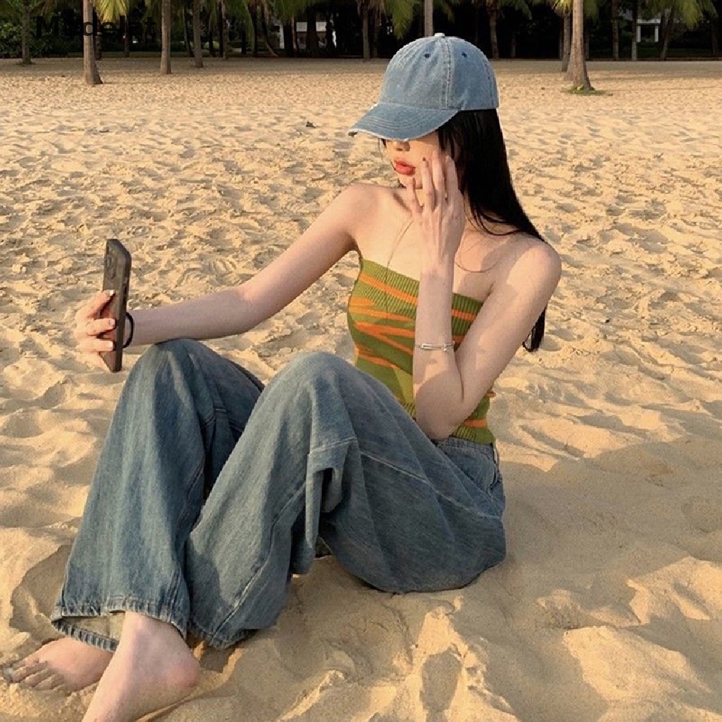 Áo Croptop Dệt Kim Trễ Vai Không Tay Họa Tiết Kẻ Sọc Màu Xanh Lá Thời Trang Cho Nữ