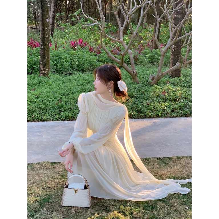 Byyyou Đầm Trắng Dáng Dài Nhấn Eo Tay Phồng Kiểu Pháp Cao Cấp Thời Trang Mùa Xuân