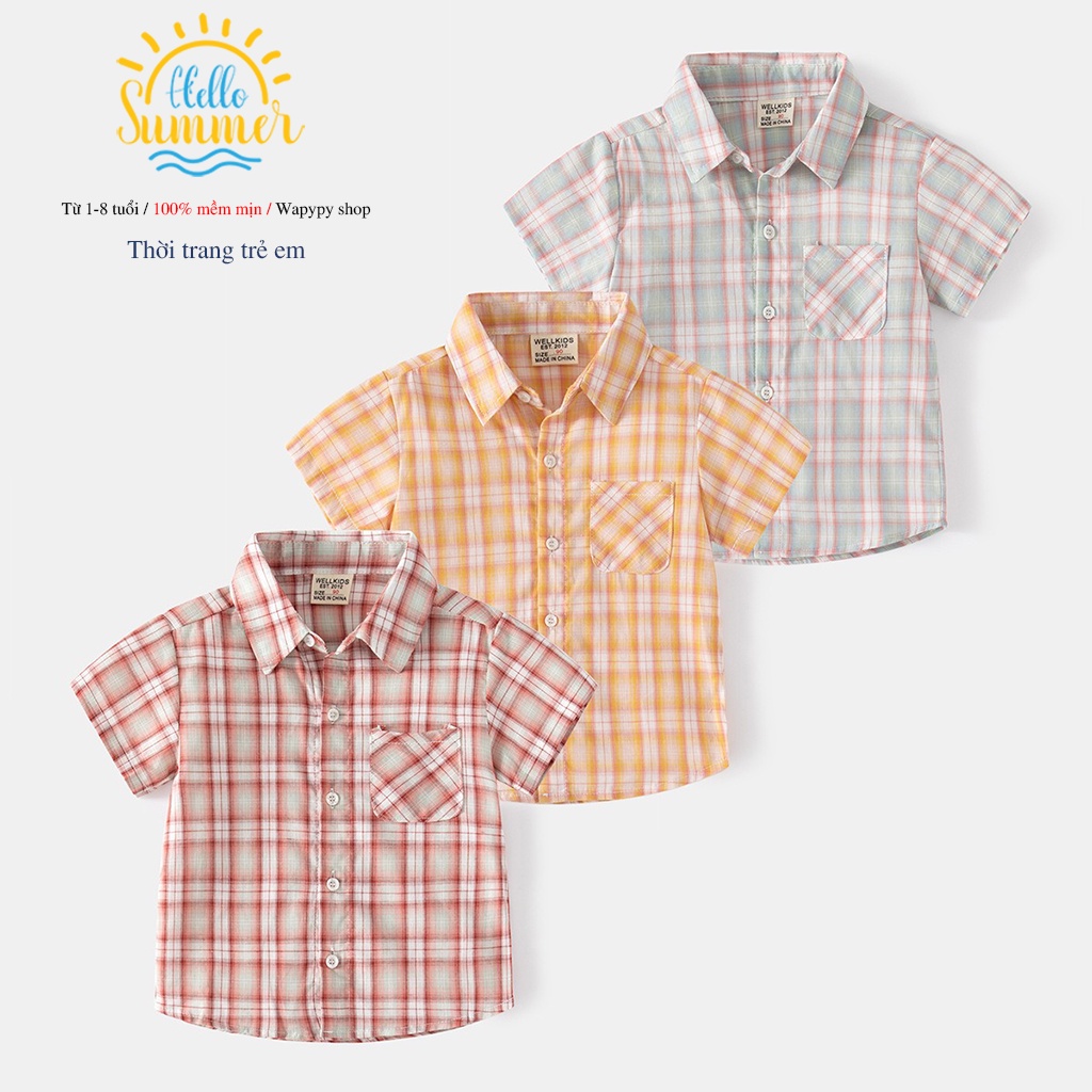 Áo sơ mi bé trai ngắn tay WELLKIDS shirt cổ bẻ vải mềm đi học nam cho trẻ