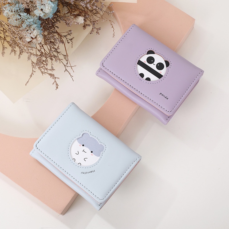 Ví Da PU Gập Ba Màu Trơn Có Khóa Kéo In Hình Gấu Trúc Hoạt Hình Phong Cách Hàn Quốc Giá Đỡ