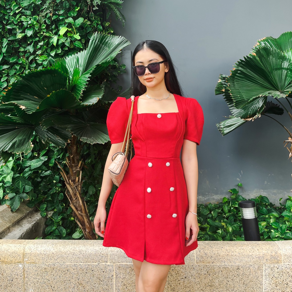 Đầm dự tiệc cổ vuông 7 nút vải bố gấm sang trọng Callene (L1767)