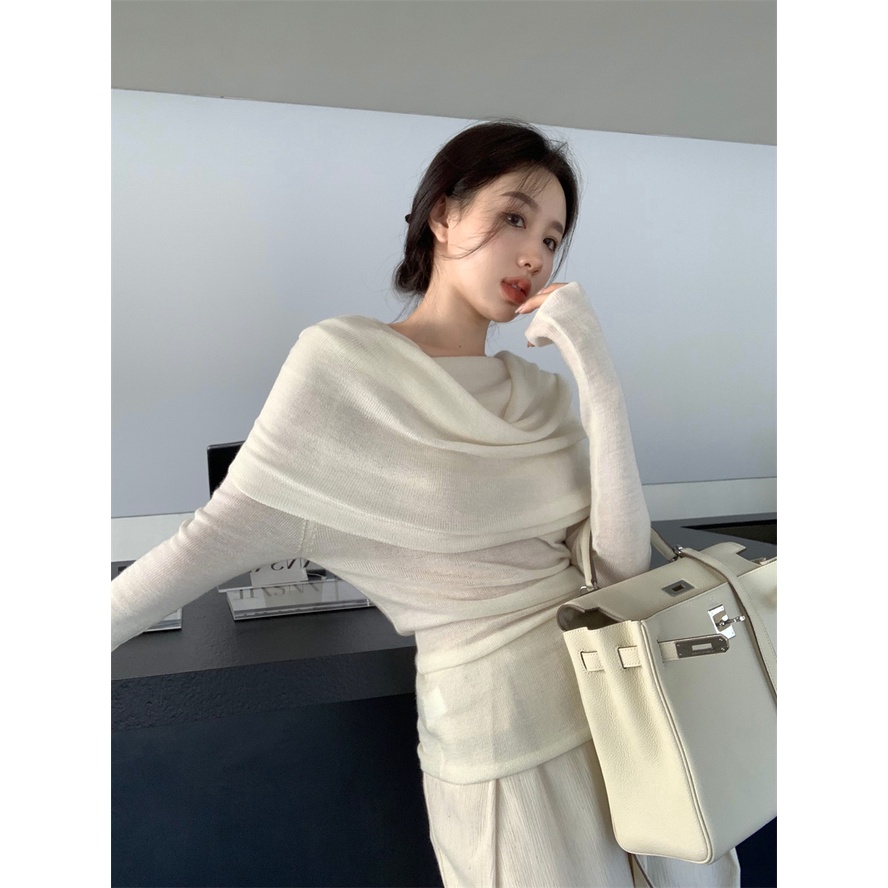 Áo sweater Trễ Vai Dài Tay Phong Cách Pháp Quyến Rũ Dành Cho Nữ