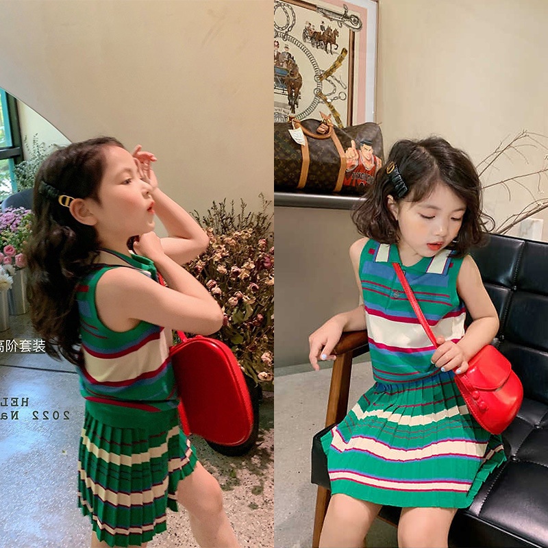 Bộ Áo Sơ Mi Kẻ Sọc Không Tay + Chân Váy Xếp Ly Thời Trang Mùa Hè Hàn Quốc Cho Bé Gái