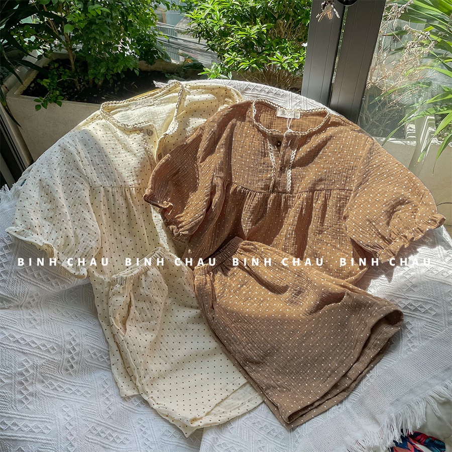 Đồ Ngủ Pijama, Đồ Bộ Nữ Mặc Nhà Xô Muslin Chấm Bi Tay Ngắn Quần Cộc - Bình Châu Sleepwear Clothing