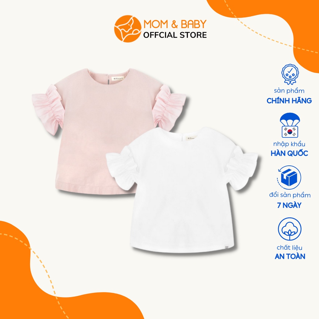 Áo thun tay ngắn cotton bé gái Petite Mieux thương hiệu Hàn Quốc tay phối ren màu hồng, trắng MOM&BABY DMEBT53