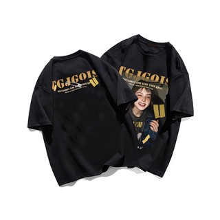 Áo thun unisex POFLORET 100% cotton dáng rộng in họa tiết cô gái cười thời trang oversize