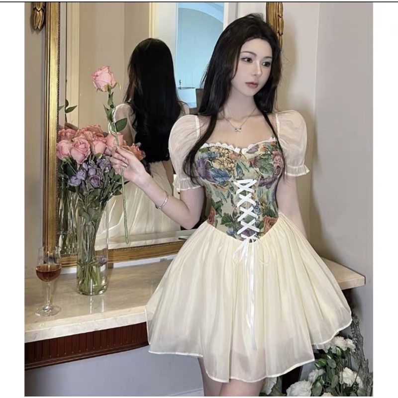 Đầm Nữ Retro Tiểu Thư Xoè Phối Hoa Gấm Phong Cách Tiểu Thư Kèm Ảnh Thật