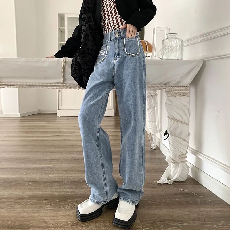 ZHELIHANGFEI Quần Jean Lưng Cao Form Rộng Theo Phong Cách Retro Đường Phố