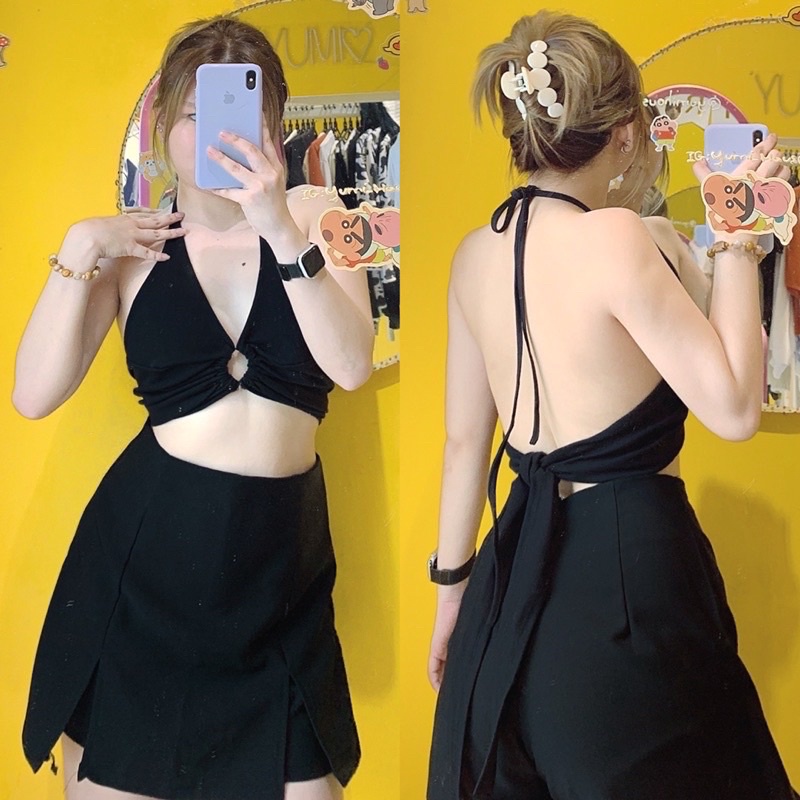 Áo yếm dáng ngắn croptop khoen ngực hở lưng sexy màu trơn cột dây, áo một mảnh TV-FASHION