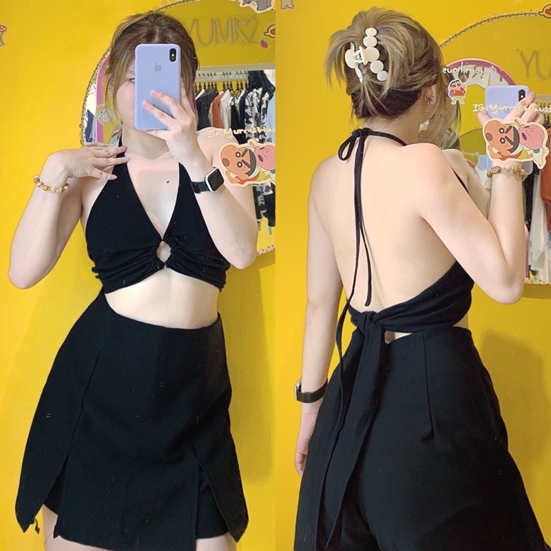 [ẢNH THẬT TRẢI SÀN - Mã: 115]Áo yếm dáng ngắn croptop khoen ngực hở lưng sexy màu trơn cột dây, áo một mảnh TV-FASHION