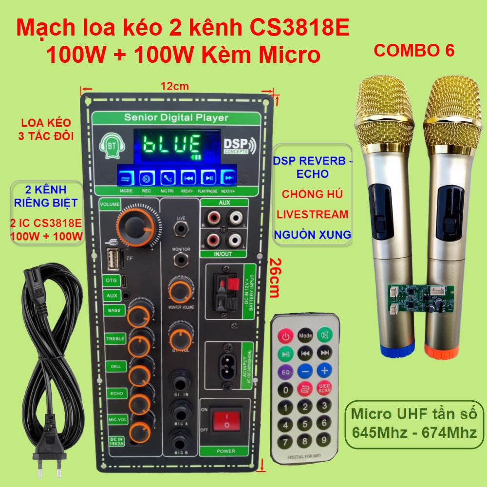 Mạch loa kéo 2 kênh Livestream DSP Reverb – Echo Chống hú 2 IC CS3818E 100W + 100W – Loa kéo 3 tấc đôi kèm Micro