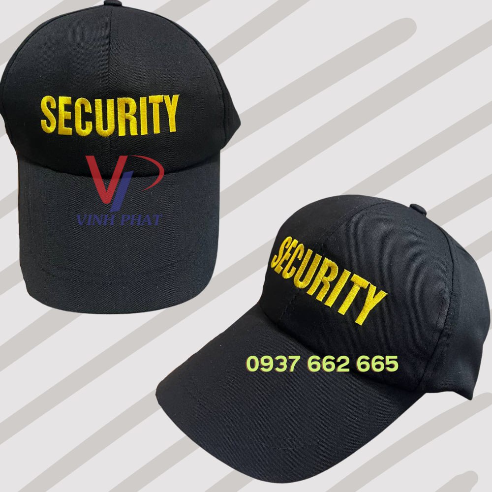 Nón kết bảo vệ thêu chữ security màu vàng, trắng vải kaki bền đẹp hàng sẵn giá rẻ