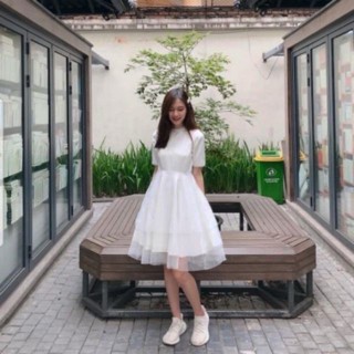 VáyTrắng Dự Tiệc Công Chúa Cổ Ren Body Tay Ngắn chữ A dáng xòe du lịch biển sinh nhật thiết kế chụp kỷ yếu Hiva Cloth