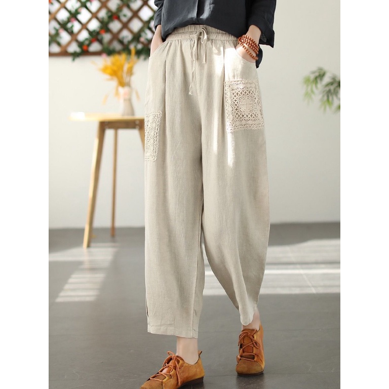 ICE Cotton and Linen Tappered Harem Pants Lace Patch Pants Brand Discount Discount Store Foreign Trade Export Original Single Female Loose Slimming Linen