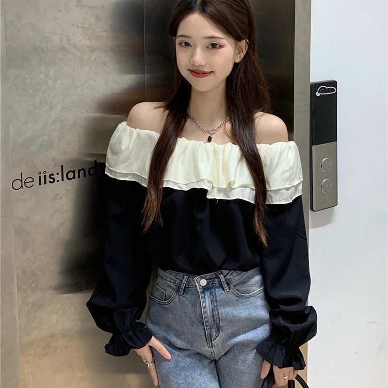 IELGY Áo Kiểu Trễ Vai Phối Bèo Phong Cách Pháp Thời Trang Cho Nữ
