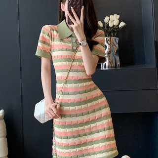 Đầm Dệt Kim Cổ Polo Dáng Ôm Họa Tiết Kẻ Sọc Màu Sắc Tương Phản Thời Trang Cao Cấp