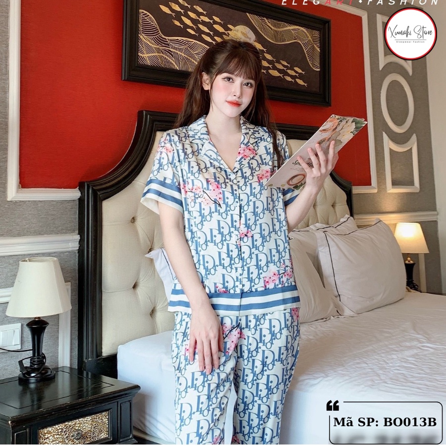 Bộ pijama nữ áo cộc quần dài họa tiết hoa màu xanh chất lụa cao cấp Xumaki Store BO013B