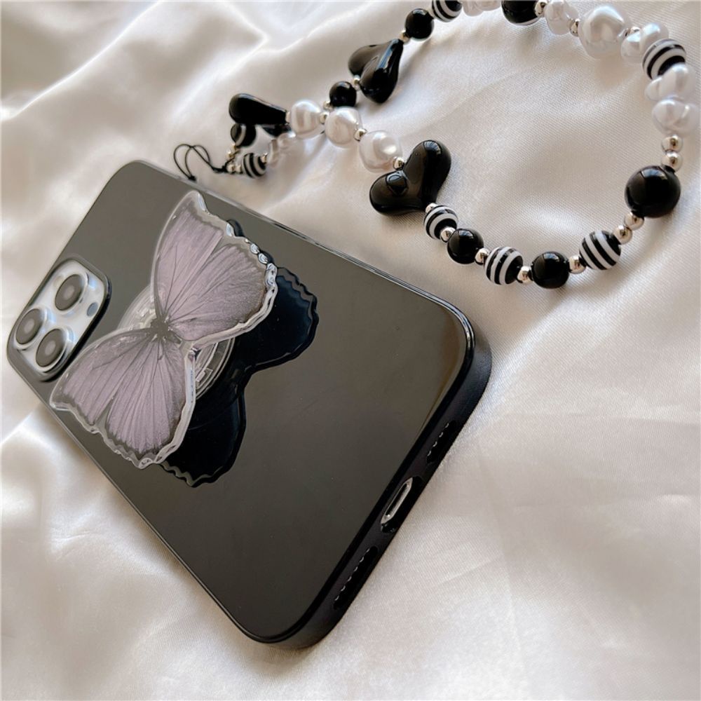 Ốp Điện Thoại TPU Mềm Chống Rơi Họa Tiết Bướm Có Giá Đỡ Và Dây Xích Ngọc Trai Cho IPhone 14 13 12 11 Pro Max XS XR 8 7