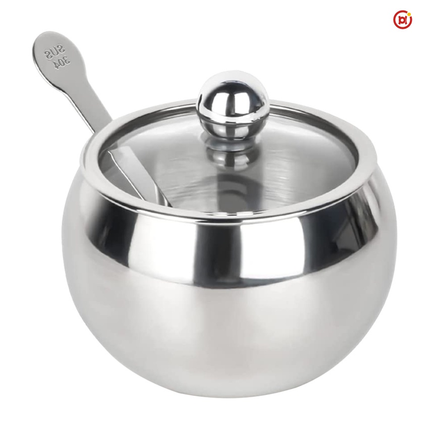 Tô Đựng Đường Bằng Thép Không Gỉ Có Nắp Trong Suốt Và Muỗng Nhỏ 8.5 oz (240 ml)