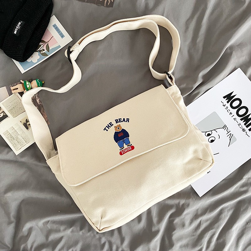 Túi Đeo Chéo Túi Vải Canvas Đeo Vai In Hình Gấu THE BEAR Phong Cách Hàn Quốc  MTT0313