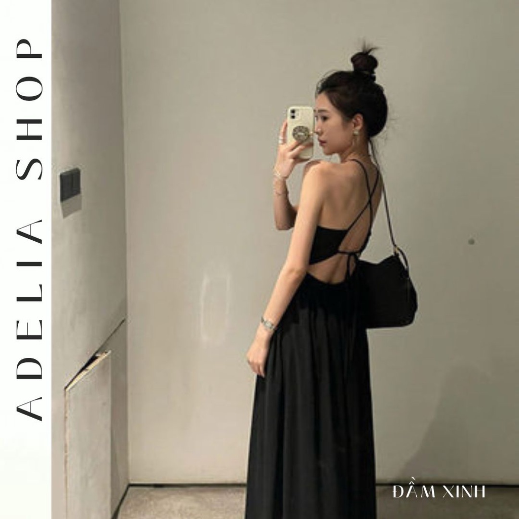 Sẵn -「ADELIA」Đầm Maxi Đi Biển Cổ V Hở Lưng Dáng Dài Siêu Xinh Màu Đen Chất Voan Mềm 2 Lớp, Đầm Đen Basic Pháp