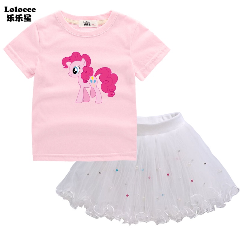Set Đồ 2 Món Gồm Áo Thun In Hình Ngựa Pony + Váy Xòe Công Chúa Cho Bé Gái