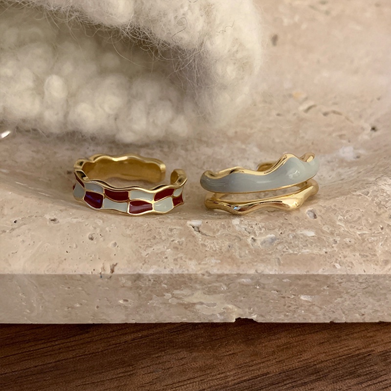 Nhẫn AY dạng hở điều chỉnh được hai lớp đính đá nhân tạo kiểu giọt nước phong cách retro thời trang cho nữ