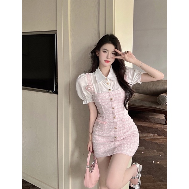 Váy liền tweed cách điệu bông trà