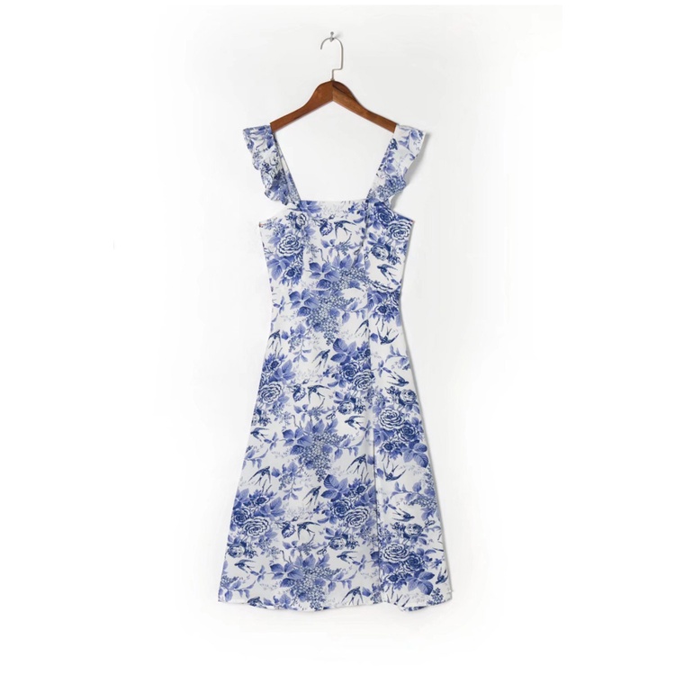 Váy hai dây cánh tiên trắng họa tiết hoa xanh xuất dư ZR 2023