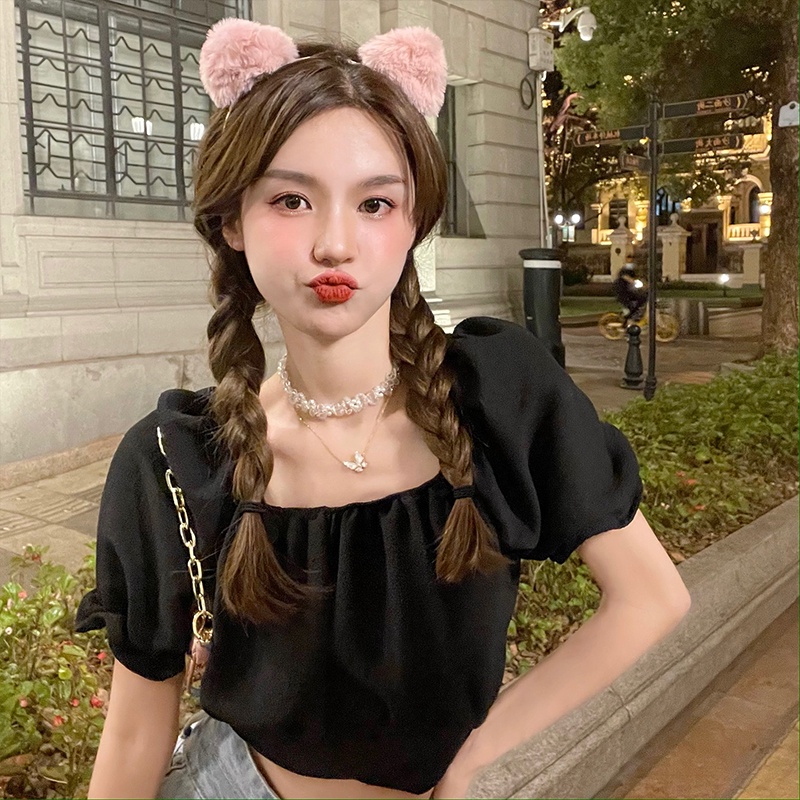 Áo Kiểu Ngắn Cổ Vuông Màu Sắc Trơn Phong Cách Hàn Quốc Thời Trang Mùa Hè Cho Nữ