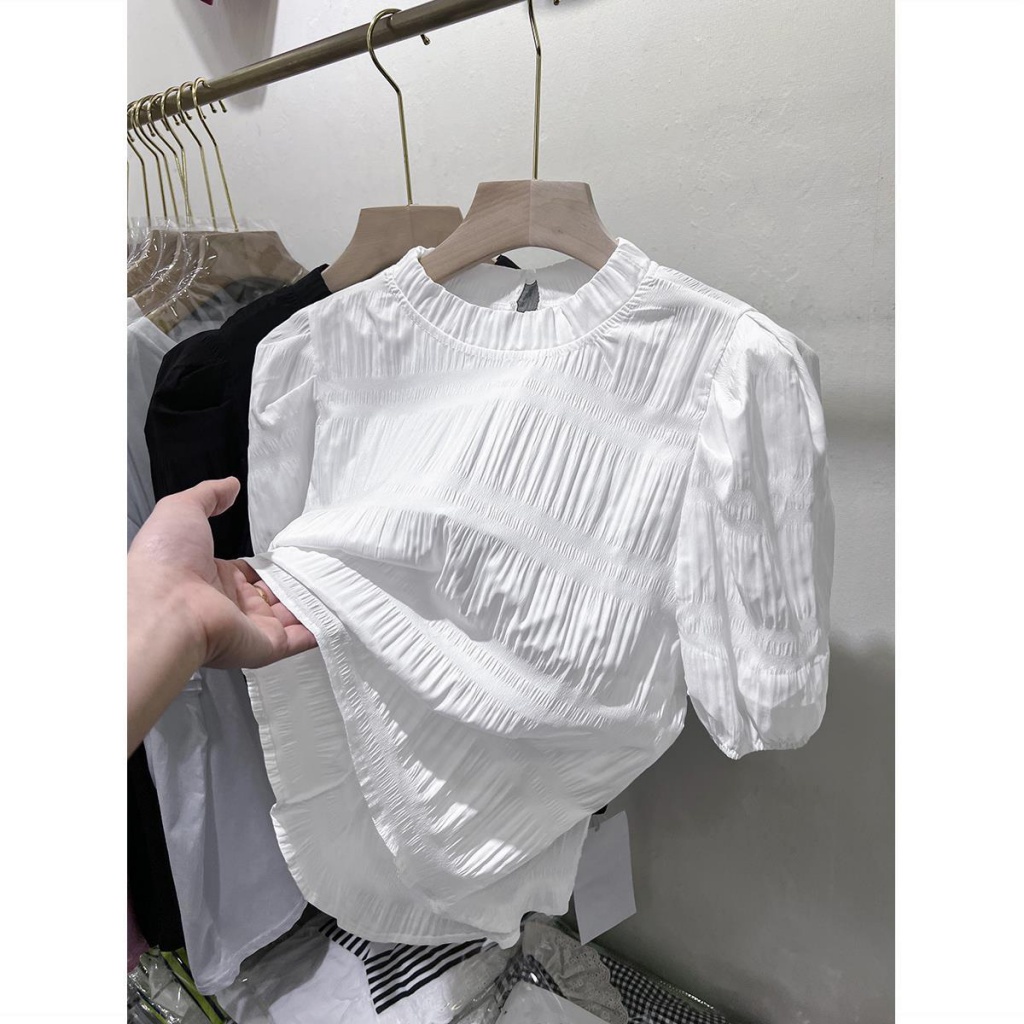 Áo Sơ Mi Chiffon Tay Ngắn Phồng Màu Đen Thời Trang Mùa Hè 2023 Cho Nữ