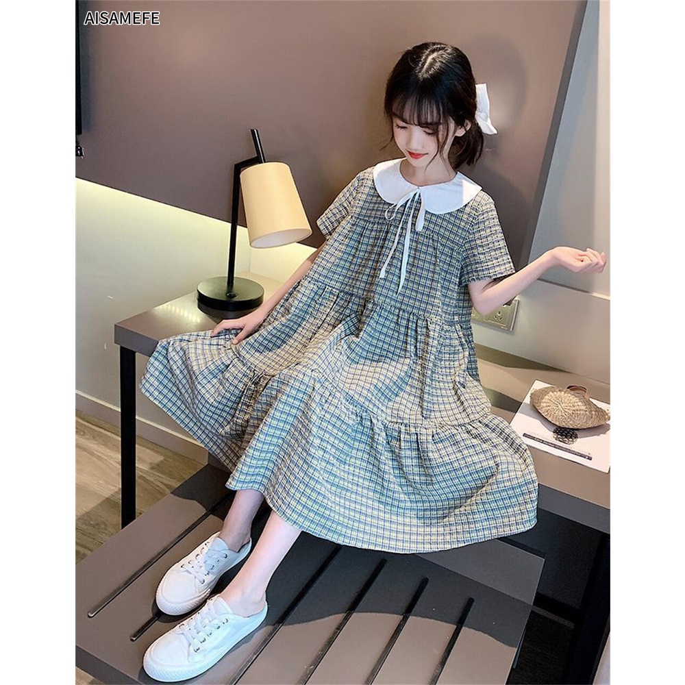 Đầm cotton tay ngắn eo cao họa tiết caro màu xanh lá phong cách Hàn Quốc thời trang cho bé gái 3-13 tuổi