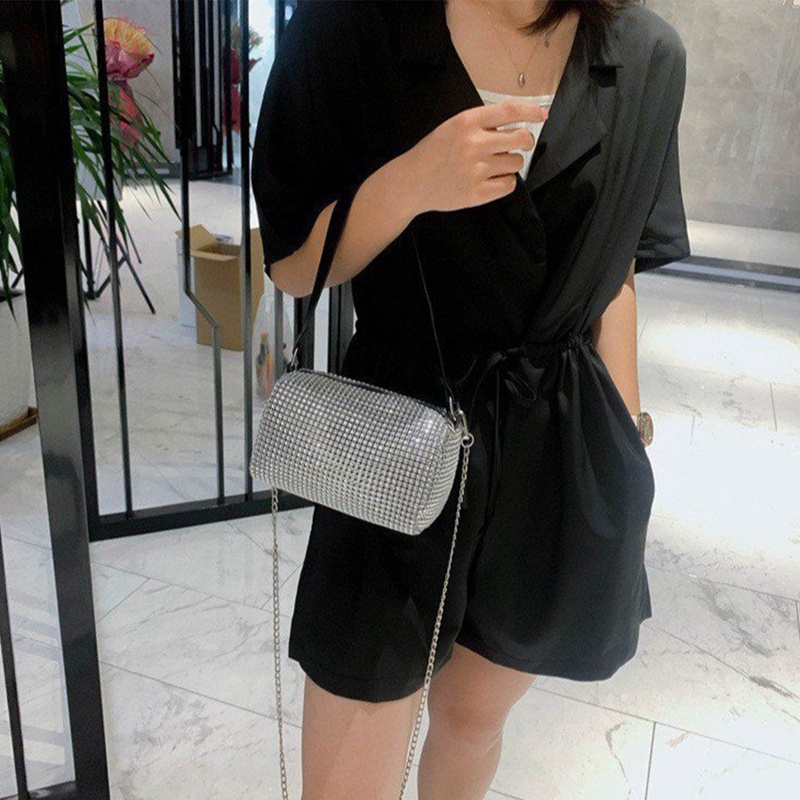 Hmg Túi Xách Tote Đeo Vai Phối Dây Xích Dày Đính Đá Lấp Lánh Thiết Kế Thời Trang Dành Cho Nữ