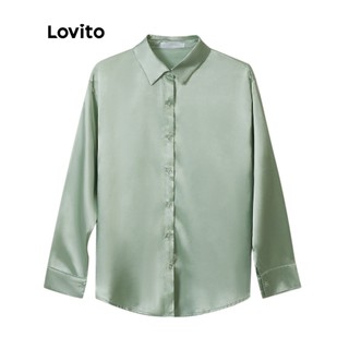 Áo Lovito bằng vải satin có nút cài màu trơn thời trang thường ngày L08056 (màu xanh lá cây)
