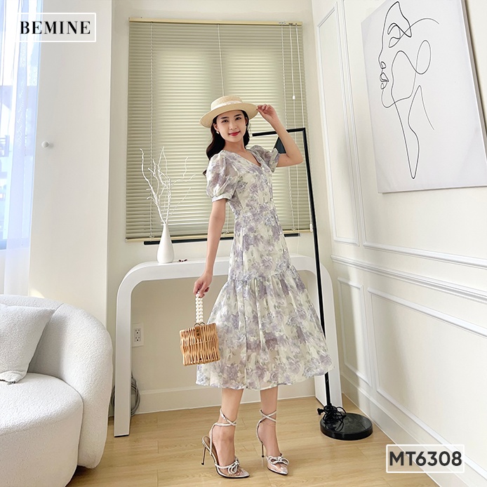 Đầm nữ cổ tay phồng đính nút BEMINE MT6308