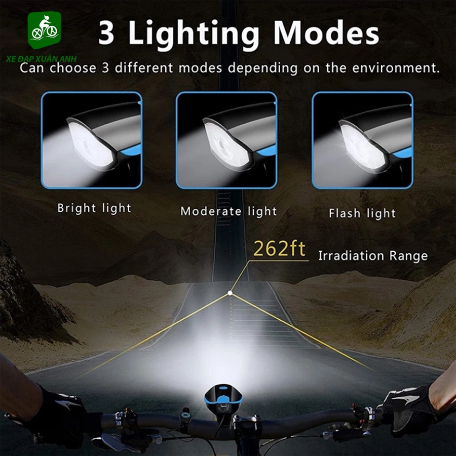 Đèn xe đạp thể thao có còi chống nước sạc USB