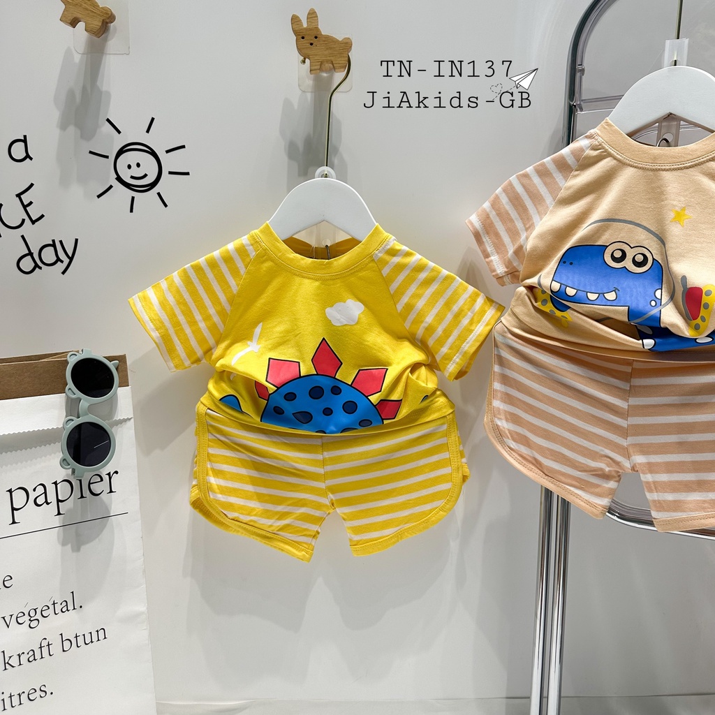 Bộ Cộc Tay THUN LẠNH MINKY MOM Giáp Năng Phối Vải Dệt Sọc In Hình Động Vật Cho Bé TN-IN137