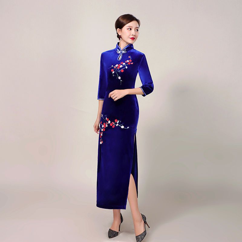 Sườn Xám Nhung Dáng Dài Thêu Họa Tiết Thời Trang Mới Cho Nữ