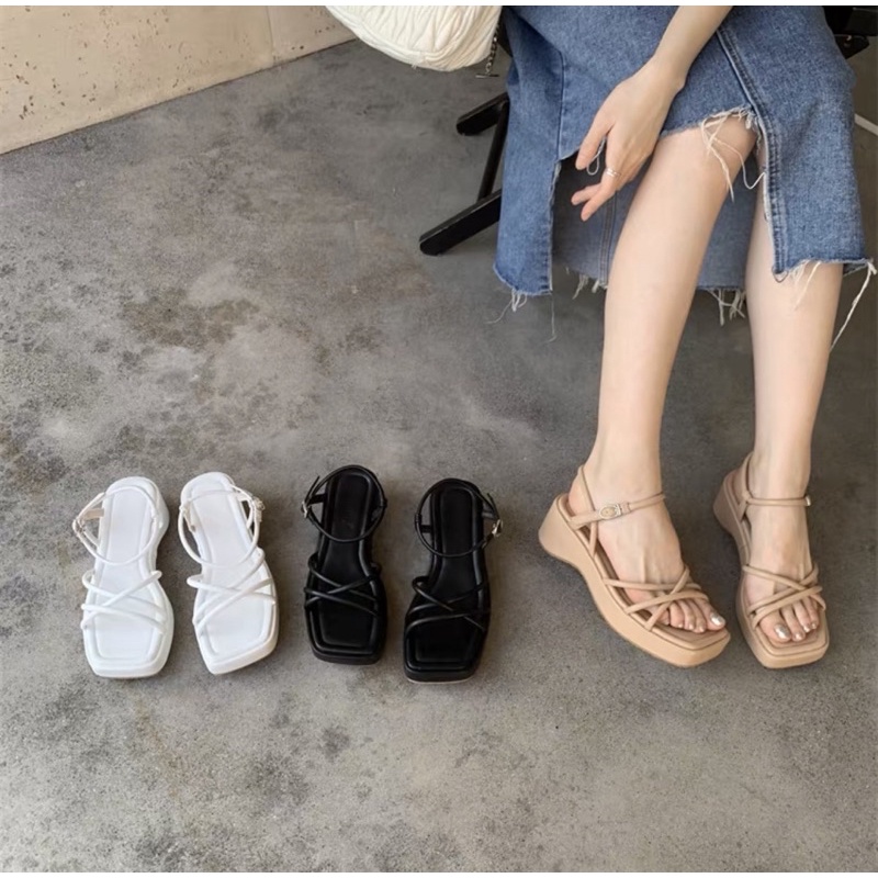 Sandal Dây Đan Sợi Chỉ Giày Đế Xuồng Đế Cao Quai Mảnh (Sẵn trắng 37)