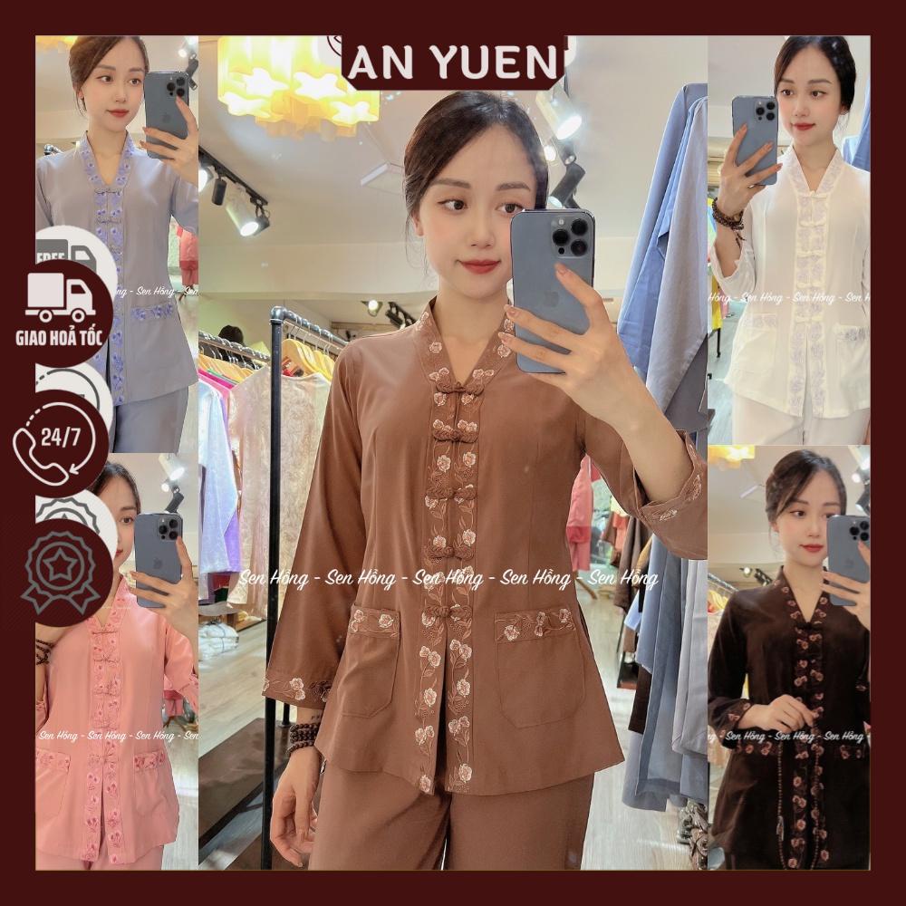 ĐỒ LAM ĐI CHÙA - quần áo Phật tử nữ thêu viền nổi # Pháp phục kate lụa mềm co giãn nhẹ B7
