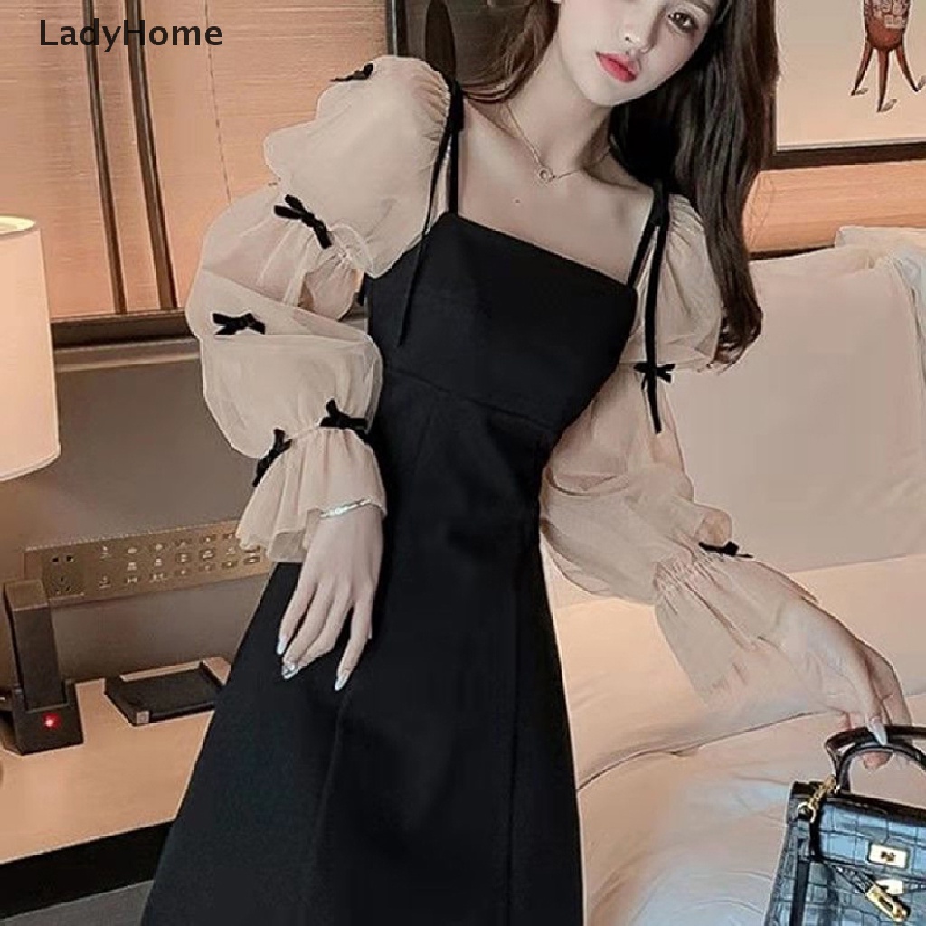 Lhj Đầm Ngắn Màu Đen Tay Phồng Phối Lưới Đính Nơ Phong Cách Pháp Thanh Lịch Cho Nữ