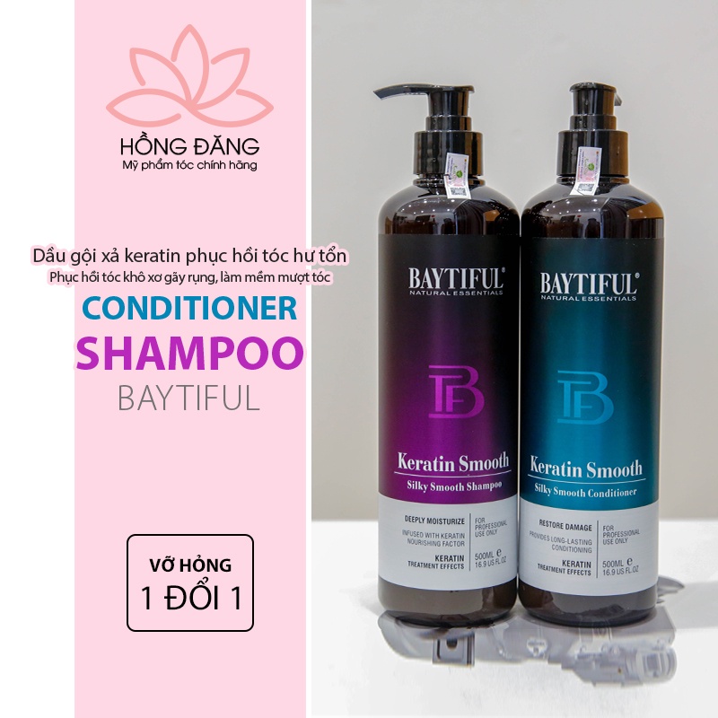 Dầu gội xả cặp phục hồi hư tổn khô xơ gãy rụng combo dưỡng tóc mượt chăm sóc tóc nhuộm uốn Baytiful Keratin Smooth 500ml