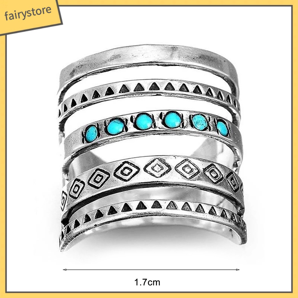 [Fairy1] Nhẫn Nhiều Lớp Họa Tiết Biểu Tượng Đính Đá Ngọc Lam Phong Cách Bohomian Cho Nữ