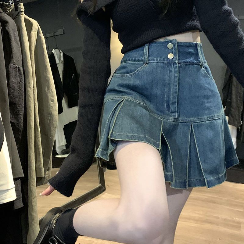 IMAODOU Chân váy denim  chữ A xếp ly lưng cao thời trang mùa hè cho nữ