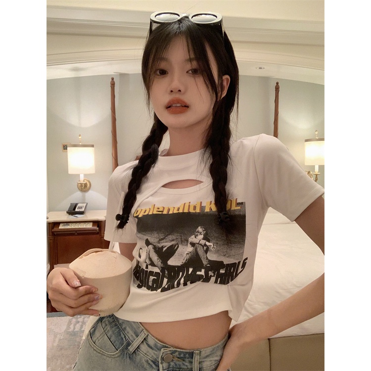 WANG JIAO ZHAN Áo Thun Dáng Ôm Ngắn Phong Cách retro Mỹ Thời Trang Cho Nữ