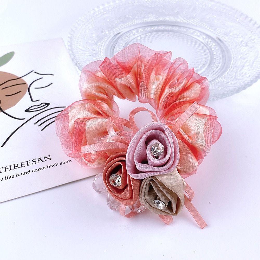 Dây Buộc Tóc Cao Su Bọc Vải Lưới Đính Hạt Hình Hoa Phong Cách Hàn Quốc Ngọt Ngào Dành Cho Bạn Gái