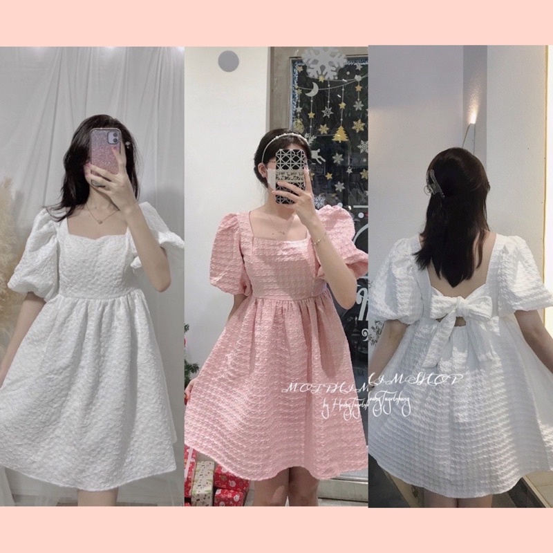 ĐẦM BABYDOLL GẤM XỐP CỔ VUÔNG THẮT NƠ LƯNG - CÓ MÚT NGỰC VÁY TIỂU THƯ VÁY XINH VÁY TẾT TAOBAO