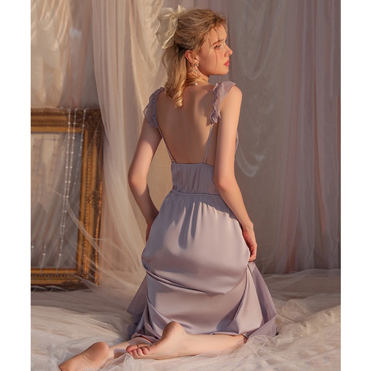 Váy Ngủ Lụa Phối Voan Màu Tím Dáng Dài Nhẹ Nhàng Quyến Rũ Phong Cách Tiểu Thư