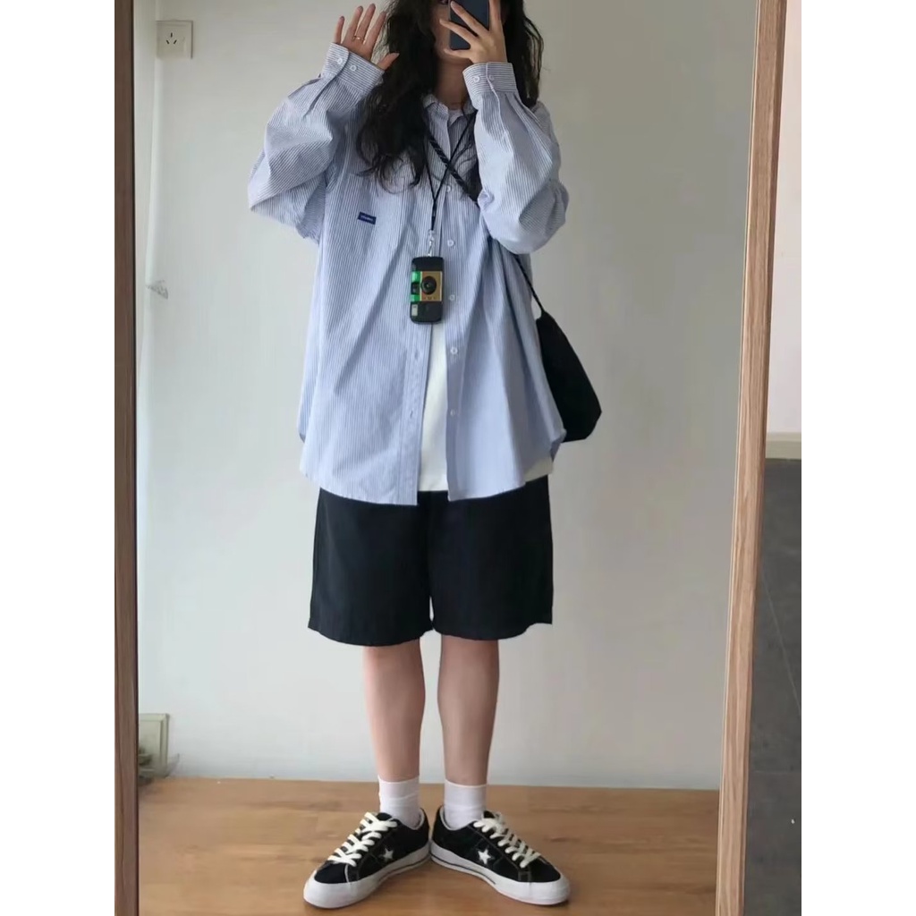 Ethelgirl Áo Sơ Mi Nữ Tay Dài Kẻ Sọc Dáng Rộng Phong Cách Hàn Quốc